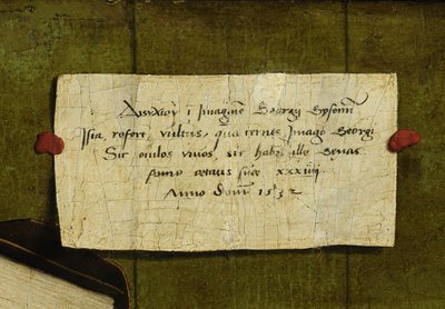(detalle) Retrato del comerciante Georg Gisze. El poema en latín (con título en griego) de Hans Holbein der Jüngere